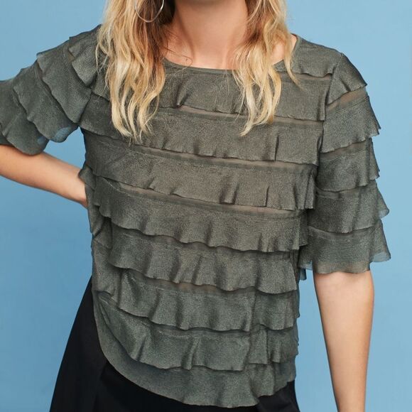 ANTHROPOLOGIE VANESSA VIRGINIA Ruffled Tiers Top Moss Women’s Size Small - Picture 1 of 11
